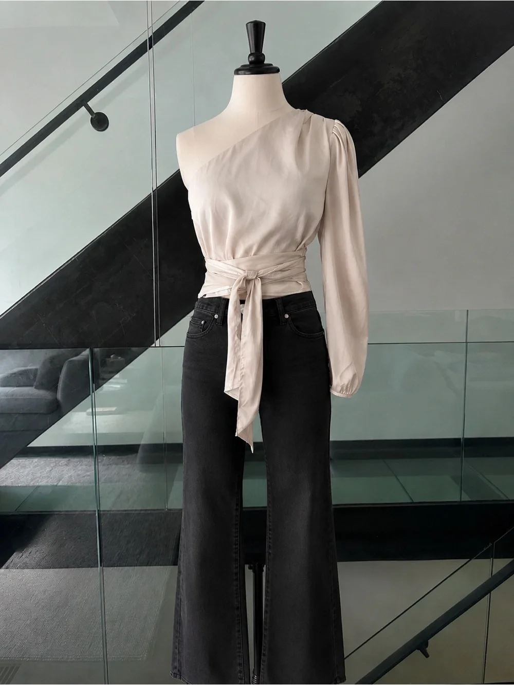 Superdown Asymmetrical Cream Satin Top